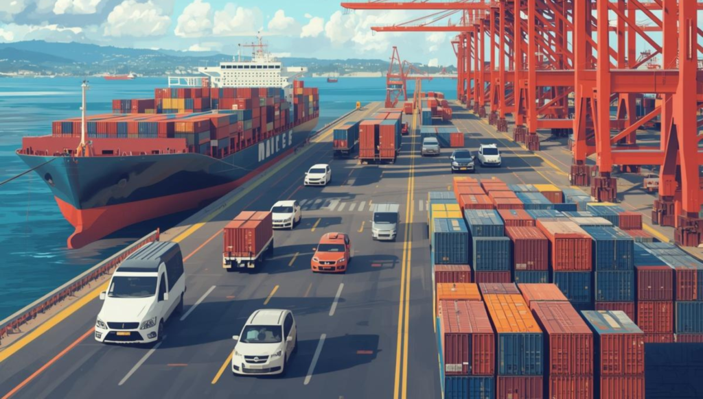 Cargo ship docked at a busy shipping port with containers and trucks.