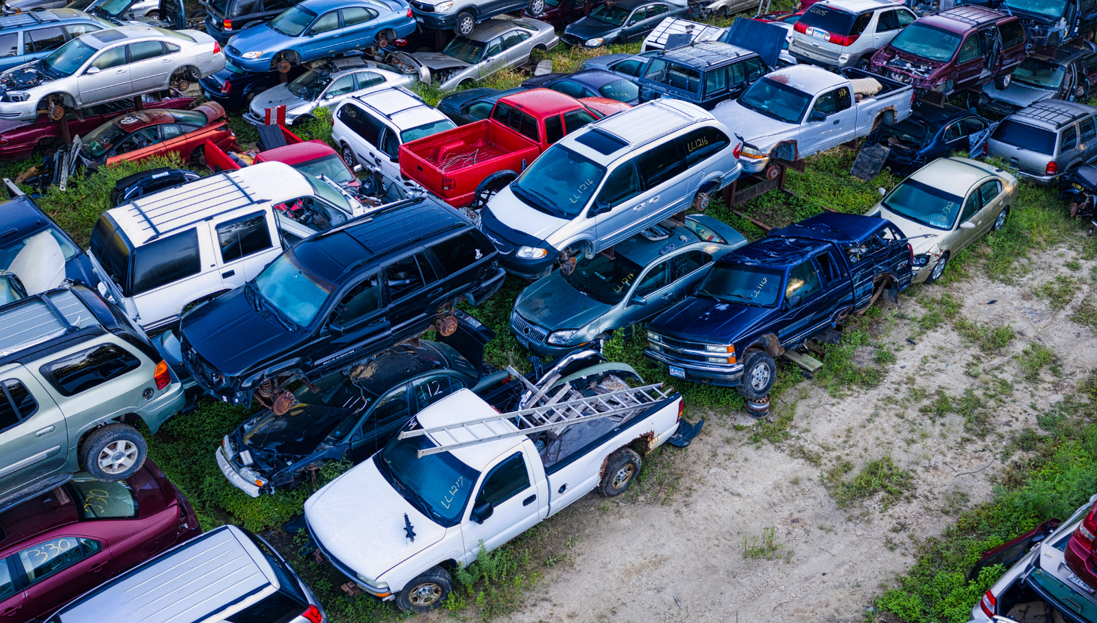 Large junkyard filled with damaged cars and trucks.
