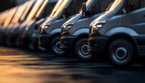 Fleet of commercial delivery vans parked in a row.