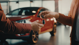Person handing over car keys in a dealership showroom.