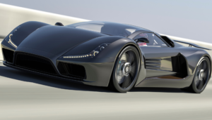 Black futuristic supercar driving at high speed on a track.