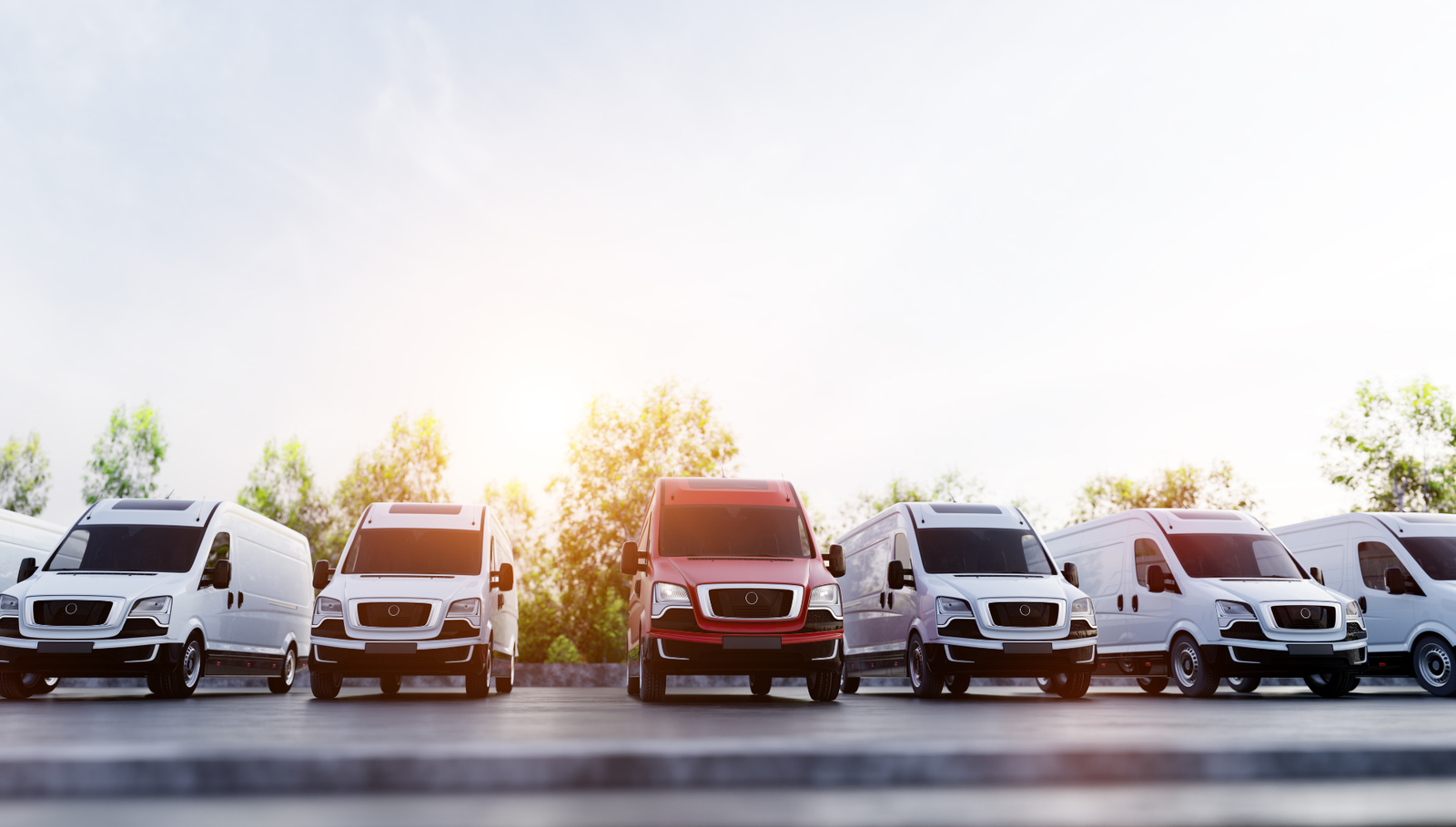 Fleet of cargo vans parked in a commercial lot at sunset.
