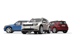 Three compact crossover SUVs in blue, white, and red colors.