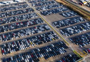 Aerial view of crowded car storage lot