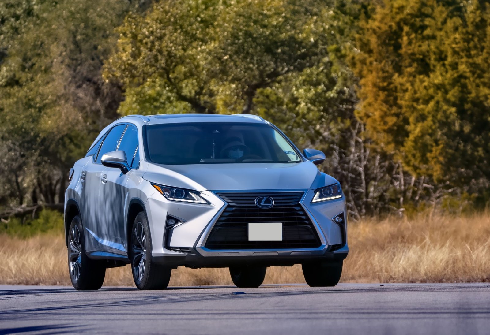 White Lexus SUV driving on road
