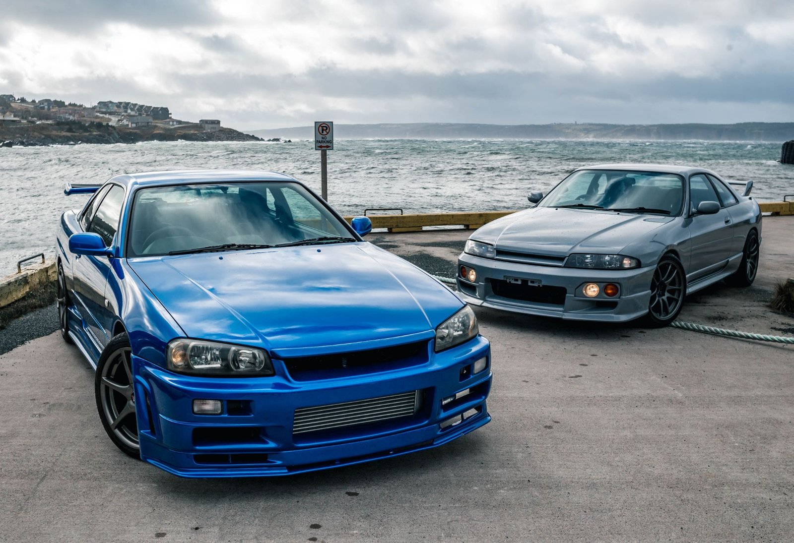 Two sports cars parked by the coast