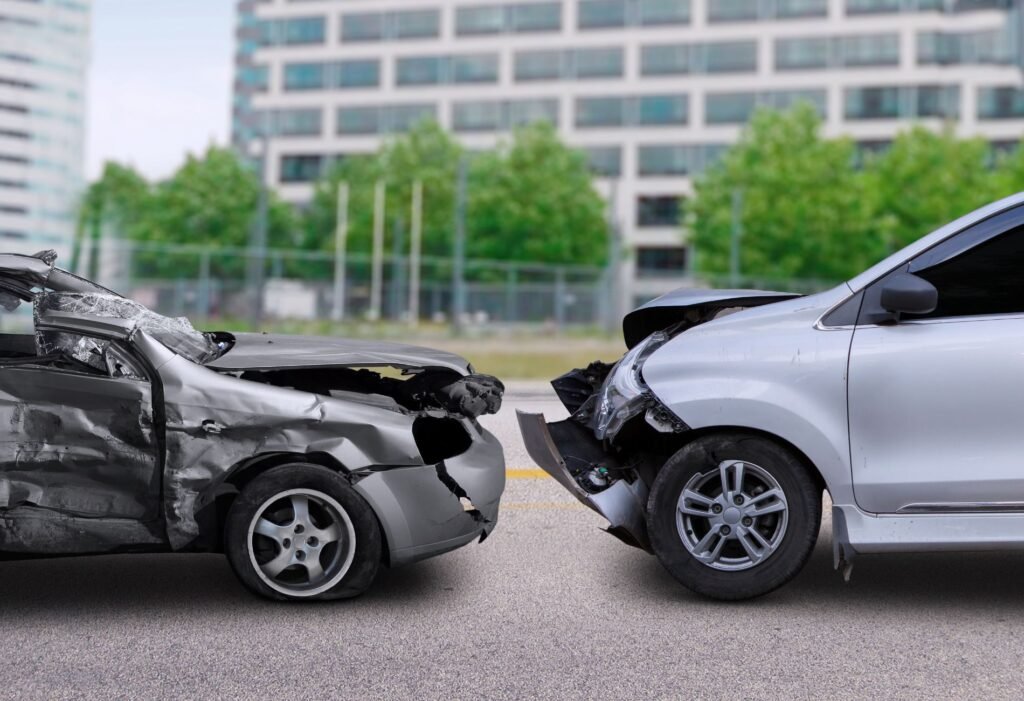 Two cars with severe crash damage