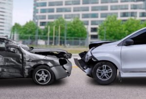 Two cars with severe crash damage